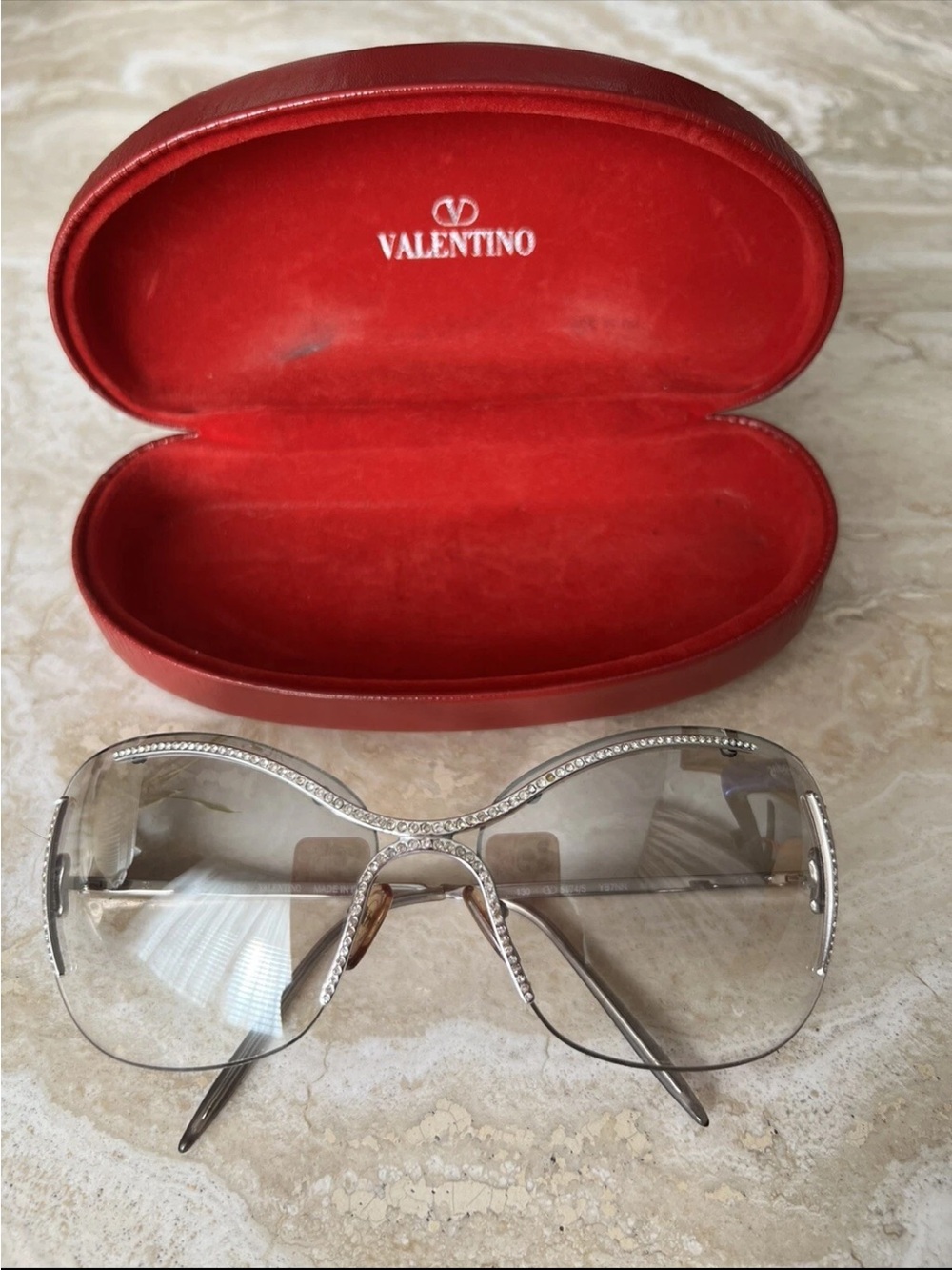 Valentino vintage Silver Rimless shield Sunglasses Crystal Trim + case
